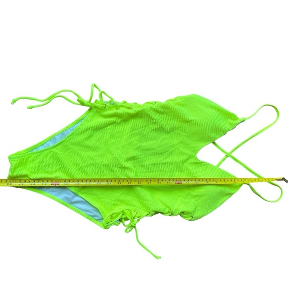 Neon Green One Piece Swimsuit L Lace Up Side Cutout Crisscross Back Bathing Suit - Picture 7 of 7